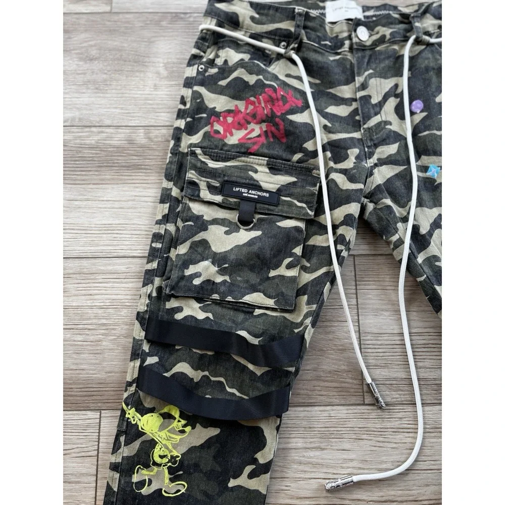Lifted Anchors Custom Graphic Camo Cargo Men's Pants Size 34 Streetwear LA